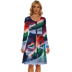 Sea Ocean Waves Rocks Sunset Artwork Long Sleeve Dress With Pocket by Jancukart