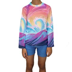 Waves Ocean Sea Tsunami Nautical 9 Kids  Long Sleeve Swimwear by Jancukart