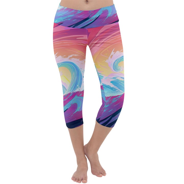 Waves Ocean Sea Tsunami Nautical 9 Capri Yoga Leggings