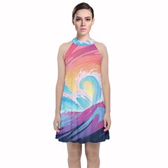 Waves Ocean Sea Tsunami Nautical 9 Velvet Halter Neckline Dress 