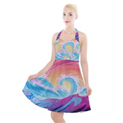 Waves Ocean Sea Tsunami Nautical 9 Halter Party Swing Dress  by Jancukart