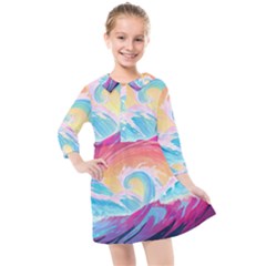 Waves Ocean Sea Tsunami Nautical 9 Kids  Quarter Sleeve Shirt Dress by Jancukart