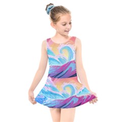 Waves Ocean Sea Tsunami Nautical 9 Kids  Skater Dress Swimsuit by Jancukart