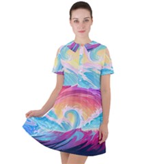 Waves Ocean Sea Tsunami Nautical 9 Short Sleeve Shoulder Cut Out Dress 