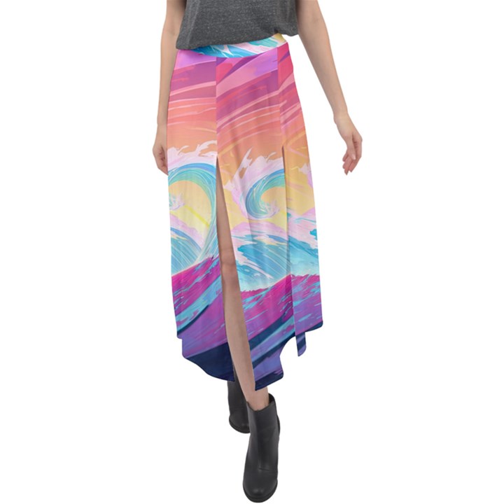 Waves Ocean Sea Tsunami Nautical 9 Velour Split Maxi Skirt