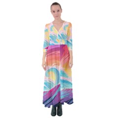 Waves Ocean Sea Tsunami Nautical 9 Button Up Maxi Dress