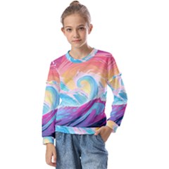 Waves Ocean Sea Tsunami Nautical 9 Kids  Long Sleeve Tee With Frill 