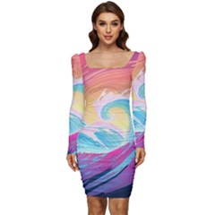 Waves Ocean Sea Tsunami Nautical 9 Women Long Sleeve Ruched Stretch Jersey Dress