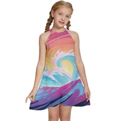 Waves Ocean Sea Tsunami Nautical 9 Kids  Halter Collar Waist Tie Chiffon Dress by Jancukart