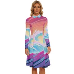 Waves Ocean Sea Tsunami Nautical 9 Long Sleeve Shirt Collar A-line Dress by Jancukart