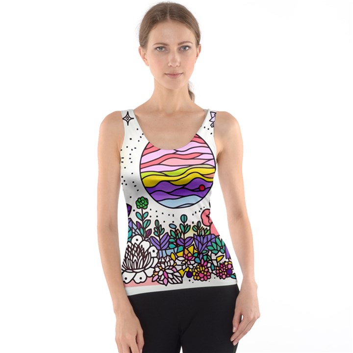 Rainbow Fun Cute Minimal Doodle Drawing Tank Top