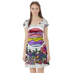 Rainbow Fun Cute Minimal Doodle Drawing Short Sleeve Skater Dress