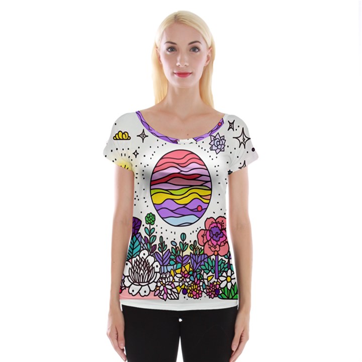 Rainbow Fun Cute Minimal Doodle Drawing Cap Sleeve Top