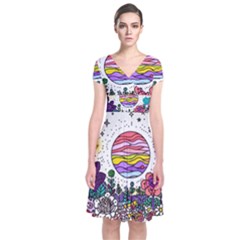 Rainbow Fun Cute Minimal Doodle Drawing Short Sleeve Front Wrap Dress