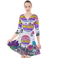 Rainbow Fun Cute Minimal Doodle Drawing Quarter Sleeve Front Wrap Dress