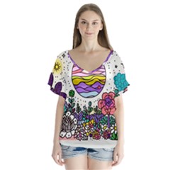 Rainbow Fun Cute Minimal Doodle Drawing V-neck Flutter Sleeve Top