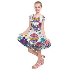 Rainbow Fun Cute Minimal Doodle Drawing Kids  Short Sleeve Dress