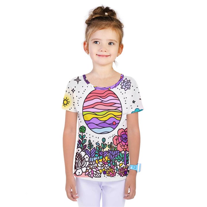 Rainbow Fun Cute Minimal Doodle Drawing Kids  One Piece Tee