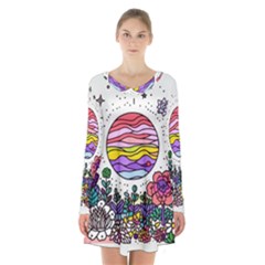 Rainbow Fun Cute Minimal Doodle Drawing Long Sleeve Velvet V-neck Dress