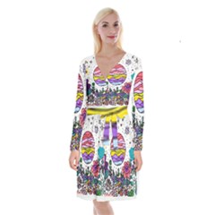 Rainbow Fun Cute Minimal Doodle Drawing Long Sleeve Velvet Front Wrap Dress