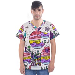 Rainbow Fun Cute Minimal Doodle Drawing Men s V-neck Scrub Top