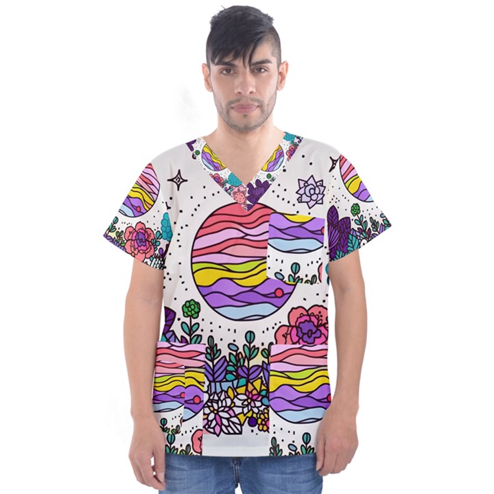 Rainbow Fun Cute Minimal Doodle Drawing Men s V-Neck Scrub Top