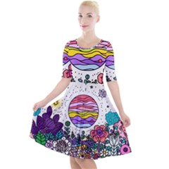 Rainbow Fun Cute Minimal Doodle Drawing Quarter Sleeve A-line Dress