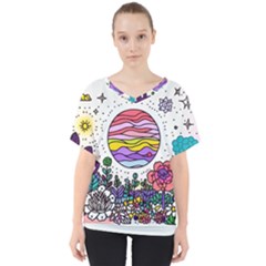 Rainbow Fun Cute Minimal Doodle Drawing V-neck Dolman Drape Top