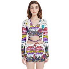 Rainbow Fun Cute Minimal Doodle Drawing Velvet Wrap Crop Top And Shorts Set