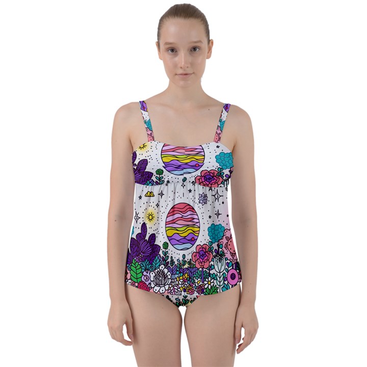 Rainbow Fun Cute Minimal Doodle Drawing Twist Front Tankini Set