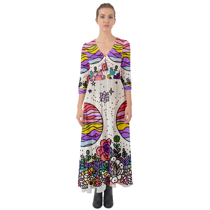 Rainbow Fun Cute Minimal Doodle Drawing Button Up Boho Maxi Dress