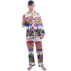 Rainbow Fun Cute Minimal Doodle Drawing Men s Long Sleeve Satin Pajamas Set