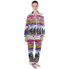 Rainbow Fun Cute Minimal Doodle Drawing Women s Long Sleeve Satin Pajamas Set	