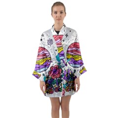 Rainbow Fun Cute Minimal Doodle Drawing Long Sleeve Satin Kimono