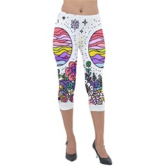 Rainbow Fun Cute Minimal Doodle Drawing Lightweight Velour Capri Leggings 