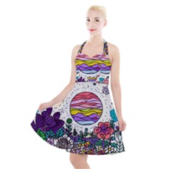 Rainbow Fun Cute Minimal Doodle Drawing Halter Party Swing Dress  by Jancukart