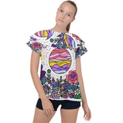 Rainbow Fun Cute Minimal Doodle Drawing Ruffle Collar Chiffon Blouse