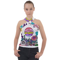 Rainbow Fun Cute Minimal Doodle Drawing Cross Neck Velour Top