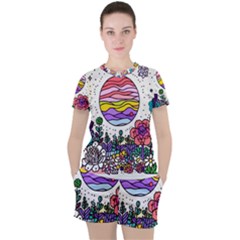 Rainbow Fun Cute Minimal Doodle Drawing Women s Tee And Shorts Set