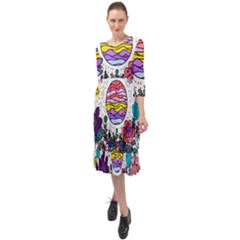 Rainbow Fun Cute Minimal Doodle Drawing Ruffle End Midi Chiffon Dress