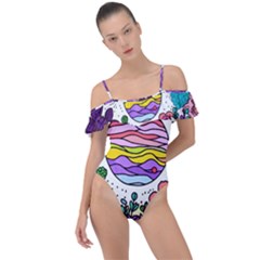 Rainbow Fun Cute Minimal Doodle Drawing Frill Detail One Piece Swimsuit