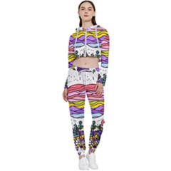 Rainbow Fun Cute Minimal Doodle Drawing Cropped Zip Up Lounge Set