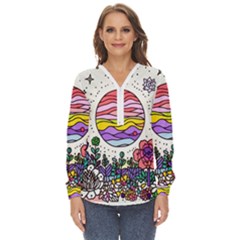 Rainbow Fun Cute Minimal Doodle Drawing Zip Up Long Sleeve Blouse