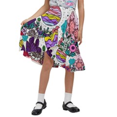 Rainbow Fun Cute Minimal Doodle Drawing Kids  Ruffle Flared Wrap Midi Skirt