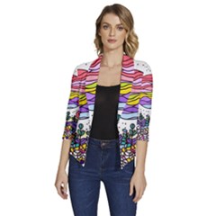 Rainbow Fun Cute Minimal Doodle Drawing Women s Draped Front 3/4 Sleeve Shawl Collar Jacket