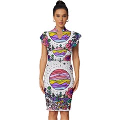 Rainbow Fun Cute Minimal Doodle Drawing Vintage Frill Sleeve V-neck Bodycon Dress