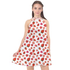 Watercolor Strawberry Halter Neckline Chiffon Dress  by SychEva