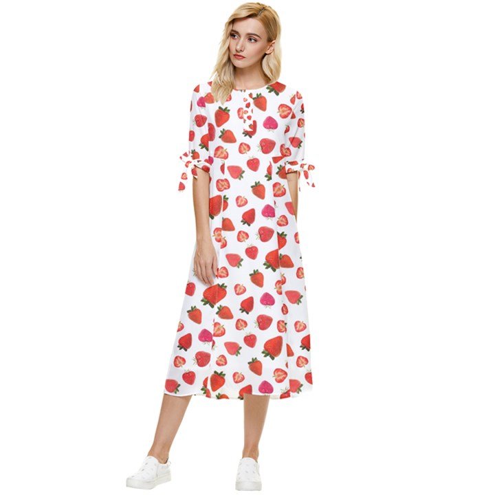 Watercolor Strawberry Bow Sleeve Chiffon Midi Dress