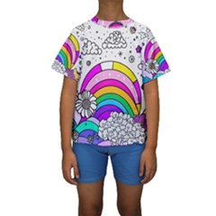 Rainbow Fun Cute Minimal Doodle Drawing 3 Kids  Short Sleeve Swimwear