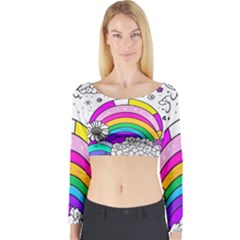 Rainbow Fun Cute Minimal Doodle Drawing 3 Long Sleeve Crop Top